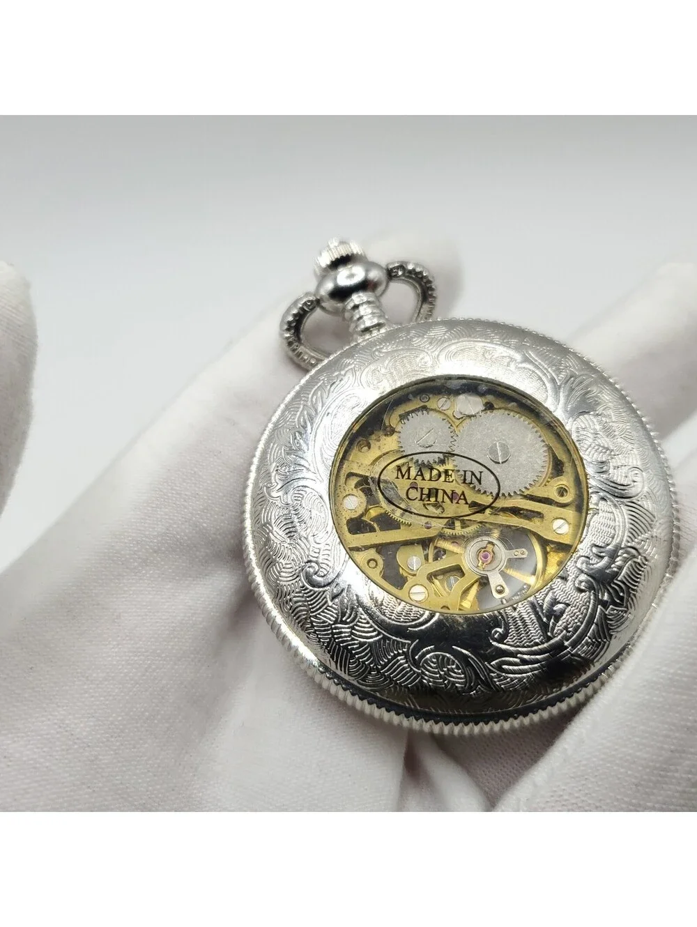 Steam Punk Mechanical Pocket Silver 47mm Pocket Watch With Chain